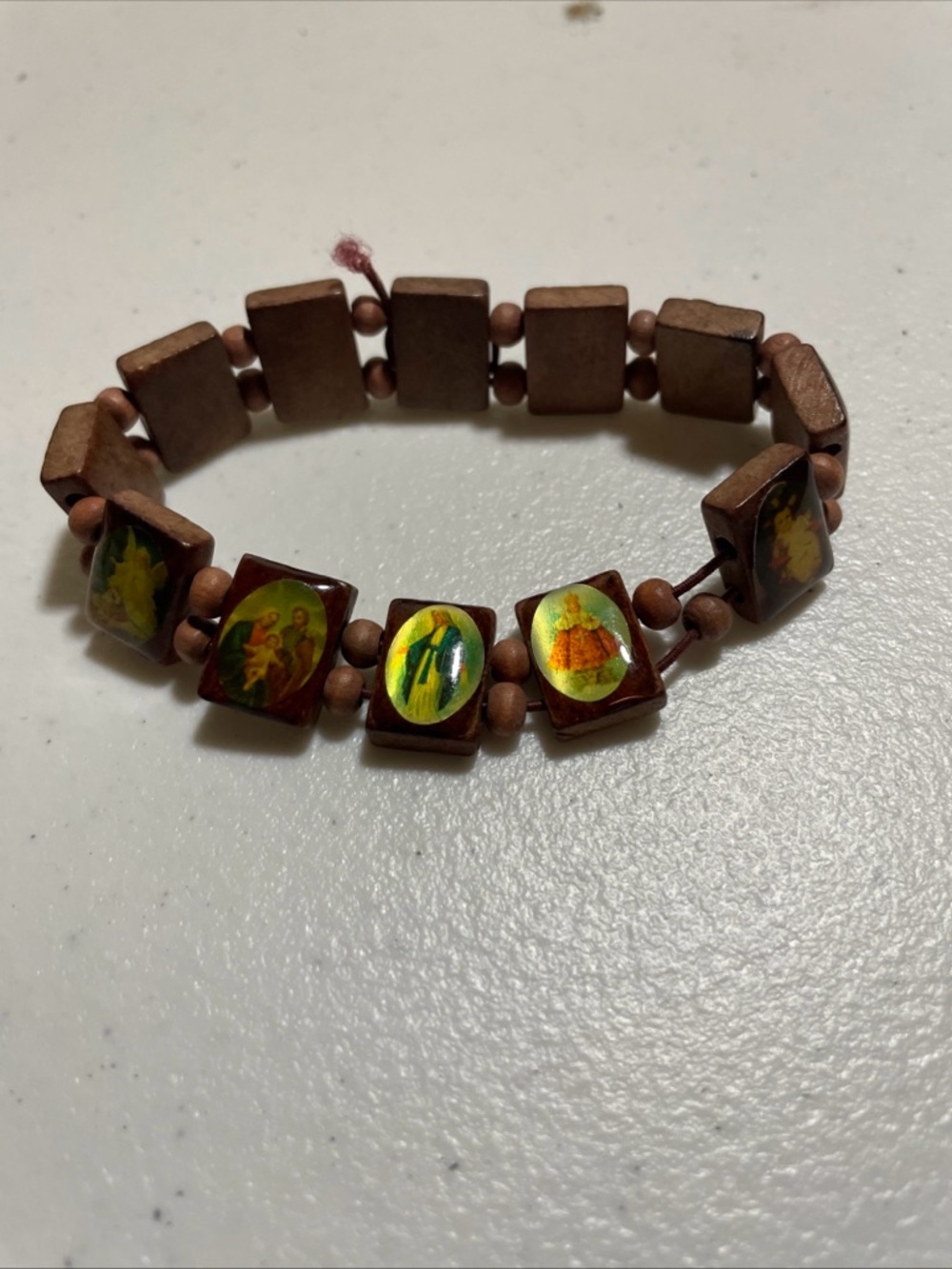 Source Unknown Brown Wooden Religious Tile Stretch Bracelet